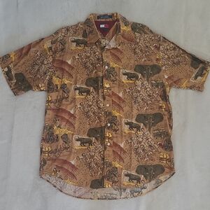 Tommy Hilfiger Safari Shirt L Brown Animal Print Linen Cotton Button Up Vacation